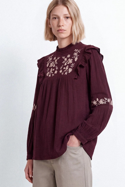 Floral Embroidered Cotton Ruffle Blouse in Bordeaux