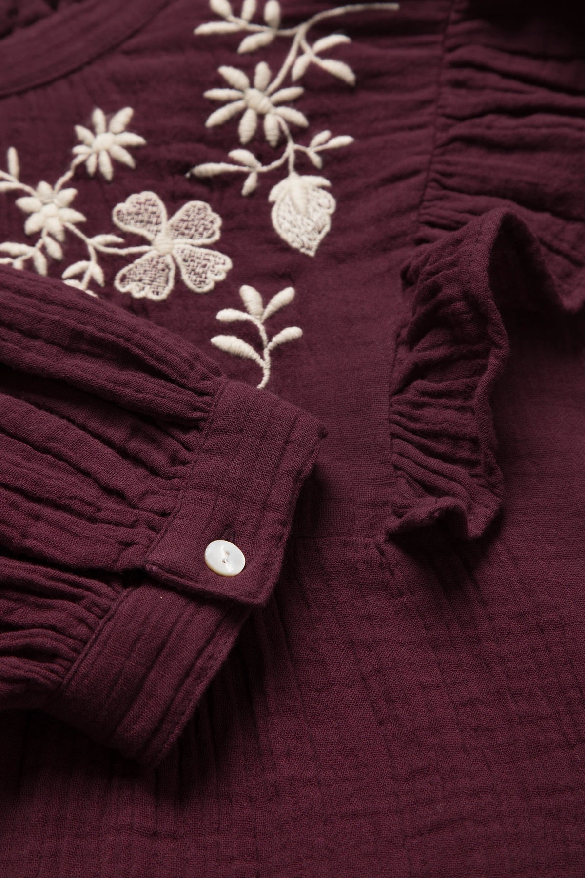 Floral Embroidered Cotton Ruffle Blouse in Bordeaux