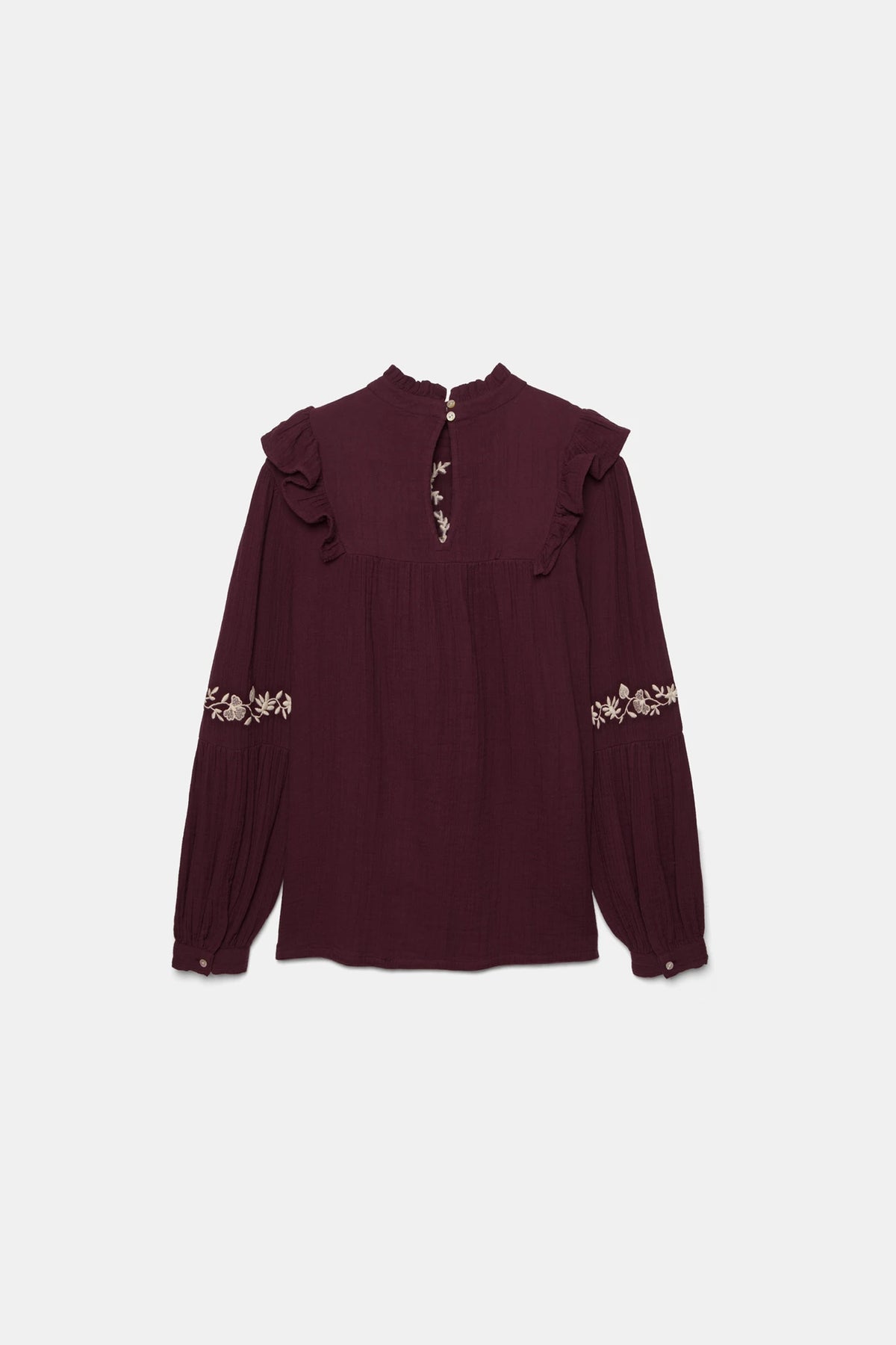 Floral Embroidered Cotton Ruffle Blouse in Bordeaux