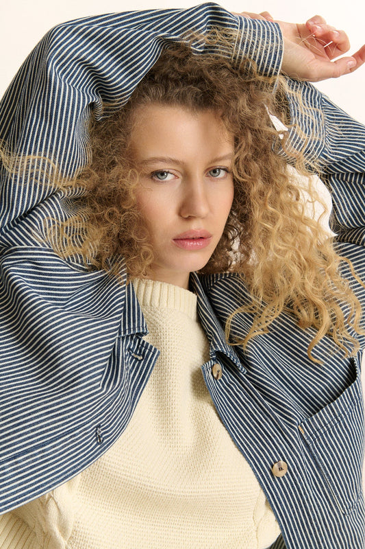 CLEO Striped Workwear Jacket in Navy