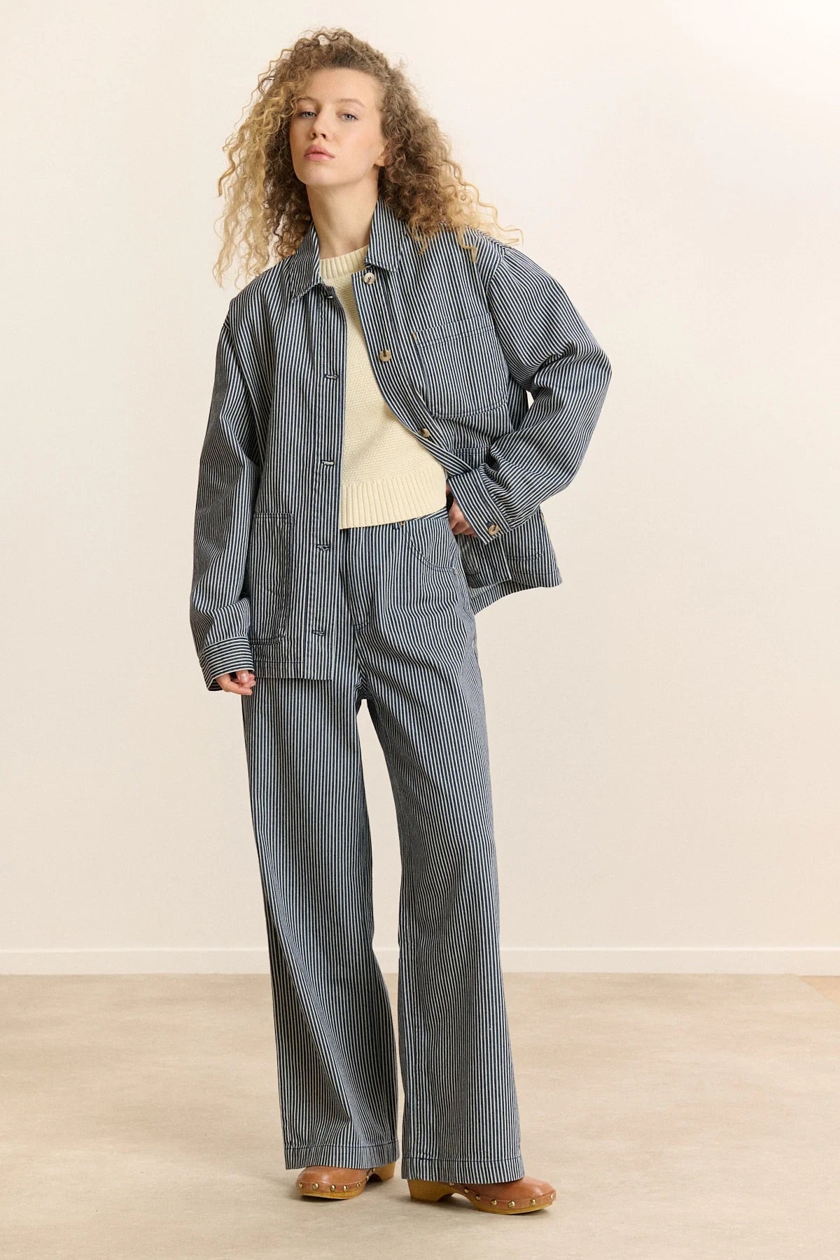 CLEO Striped Workwear Jacket in Navy