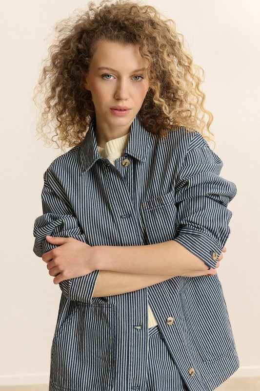 CLEO Striped Workwear Jacket in Navy