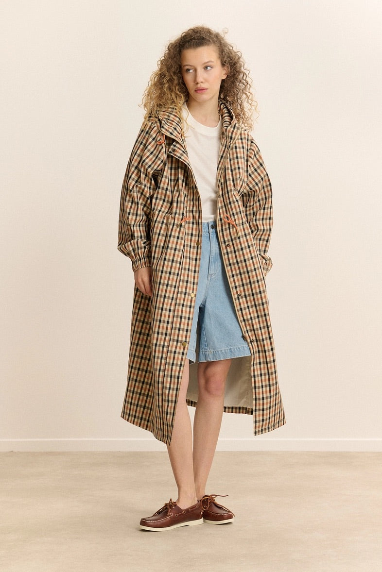 CLOVIS Checkered Trench Coat in Camel