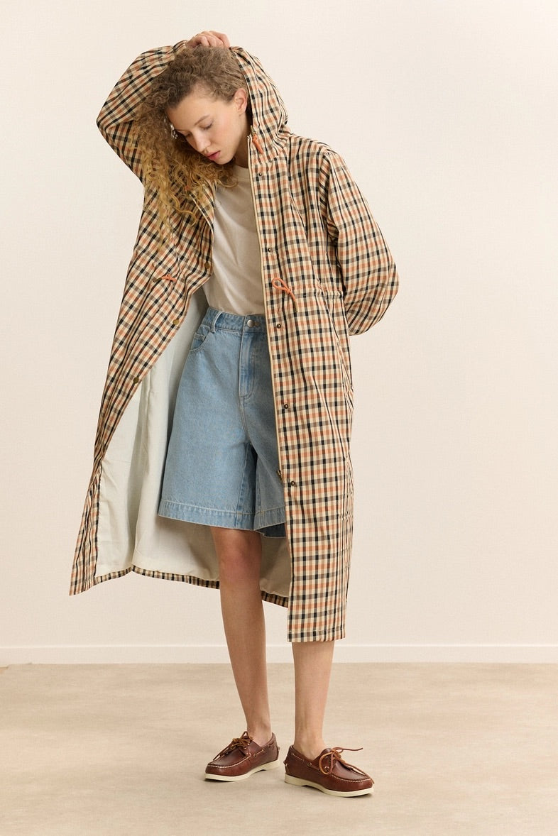 CLOVIS Checkered Trench Coat in Camel