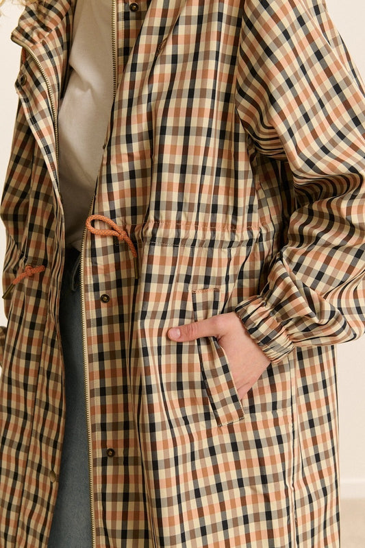 CLOVIS Checkered Trench Coat in Camel