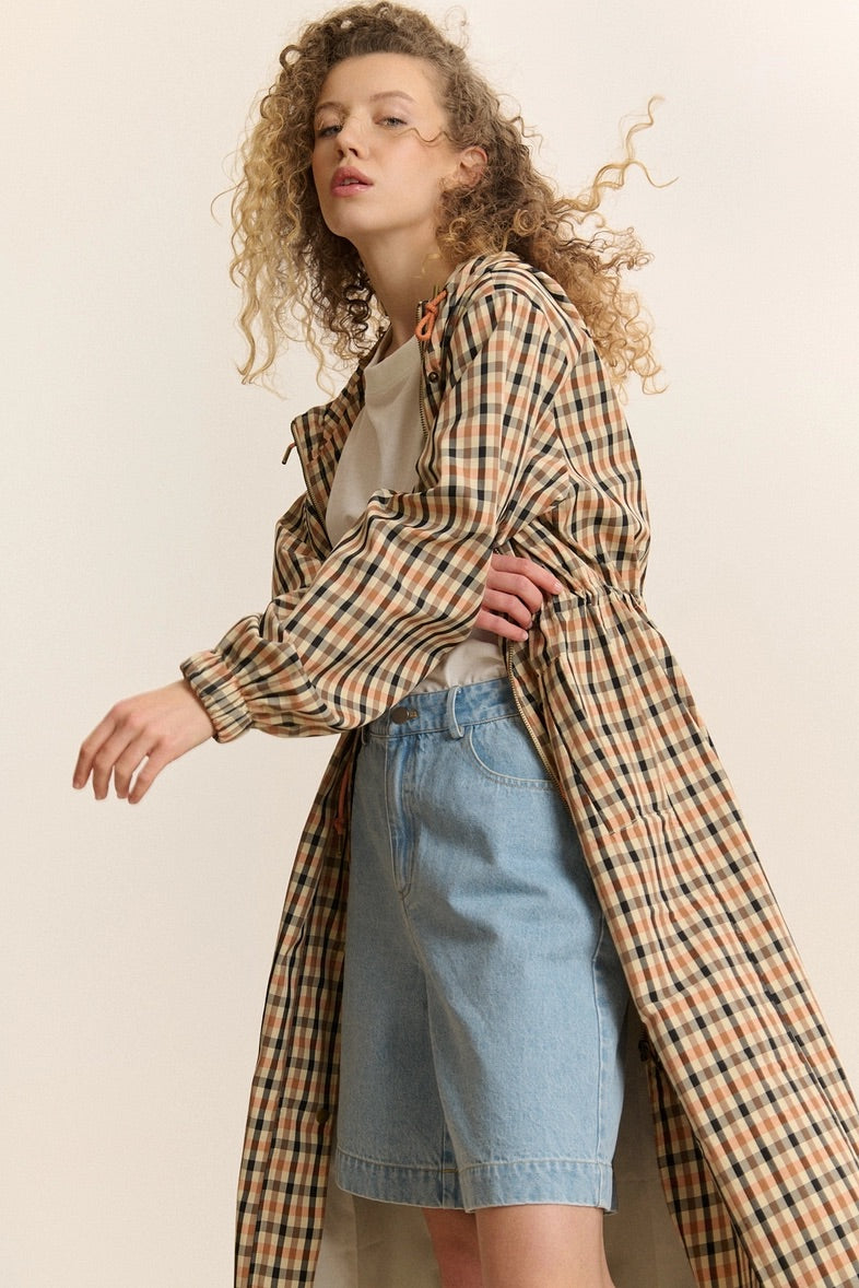 CLOVIS Checkered Trench Coat in Camel