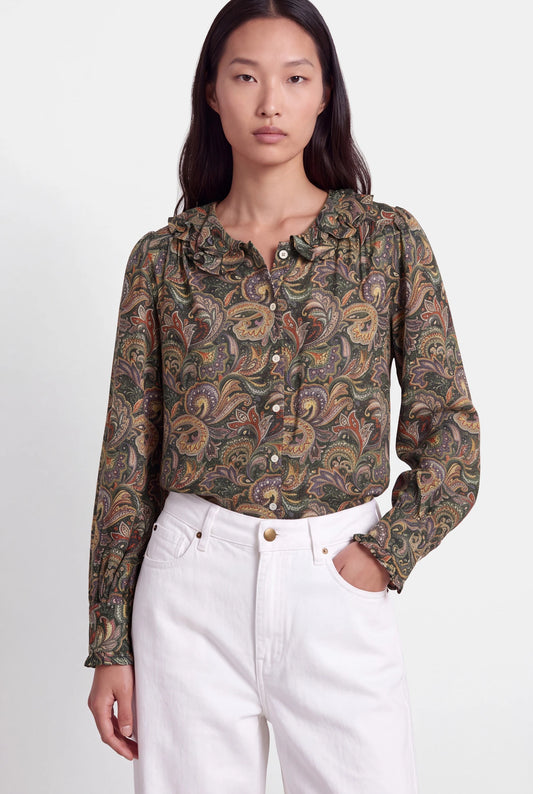Paisley Print Ruffle-Neck Blouse