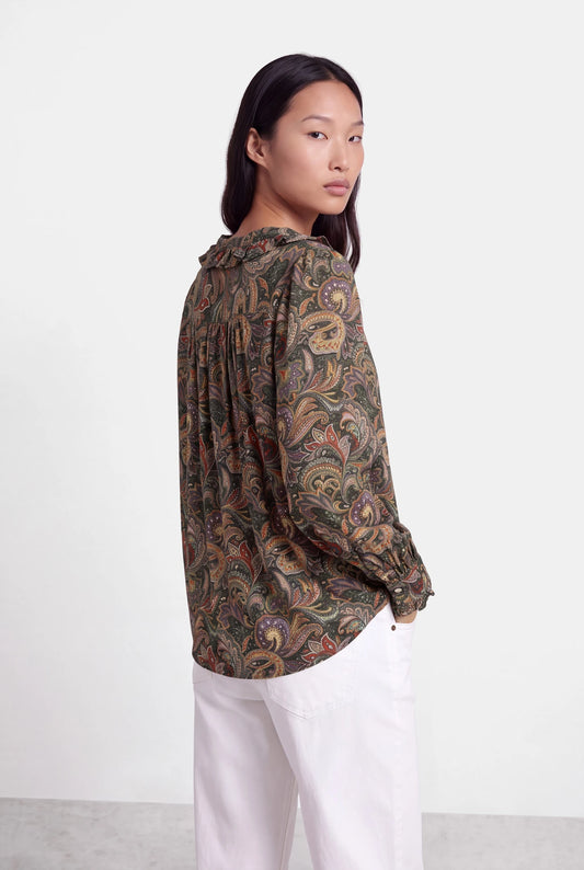 Paisley Print Ruffle-Neck Blouse