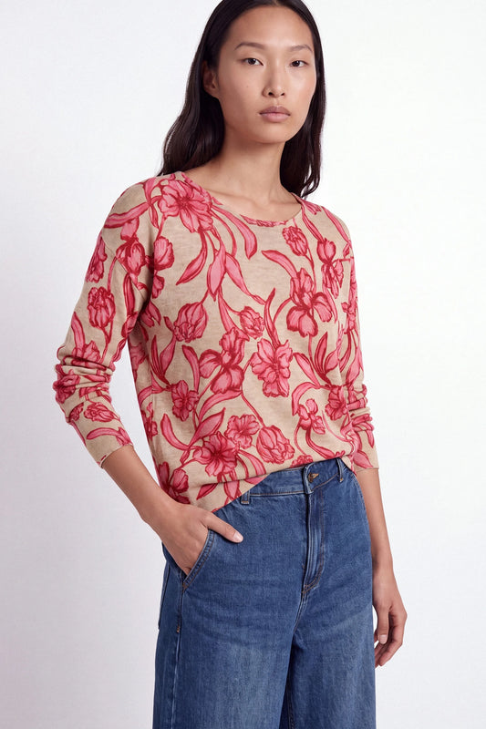 Floral Print Knit Sweater in Beige and Pink