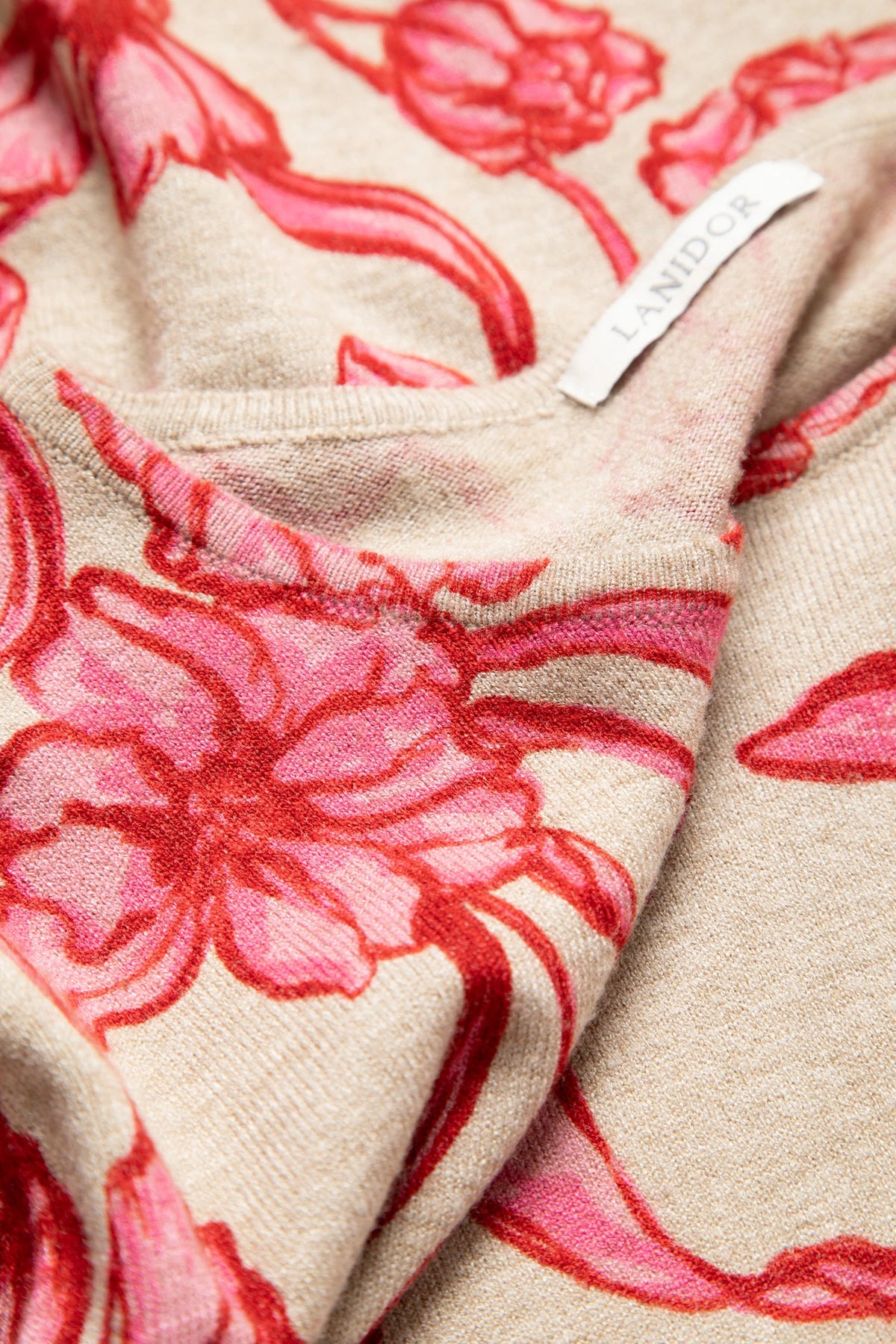 Floral Print Knit Sweater in Beige and Pink