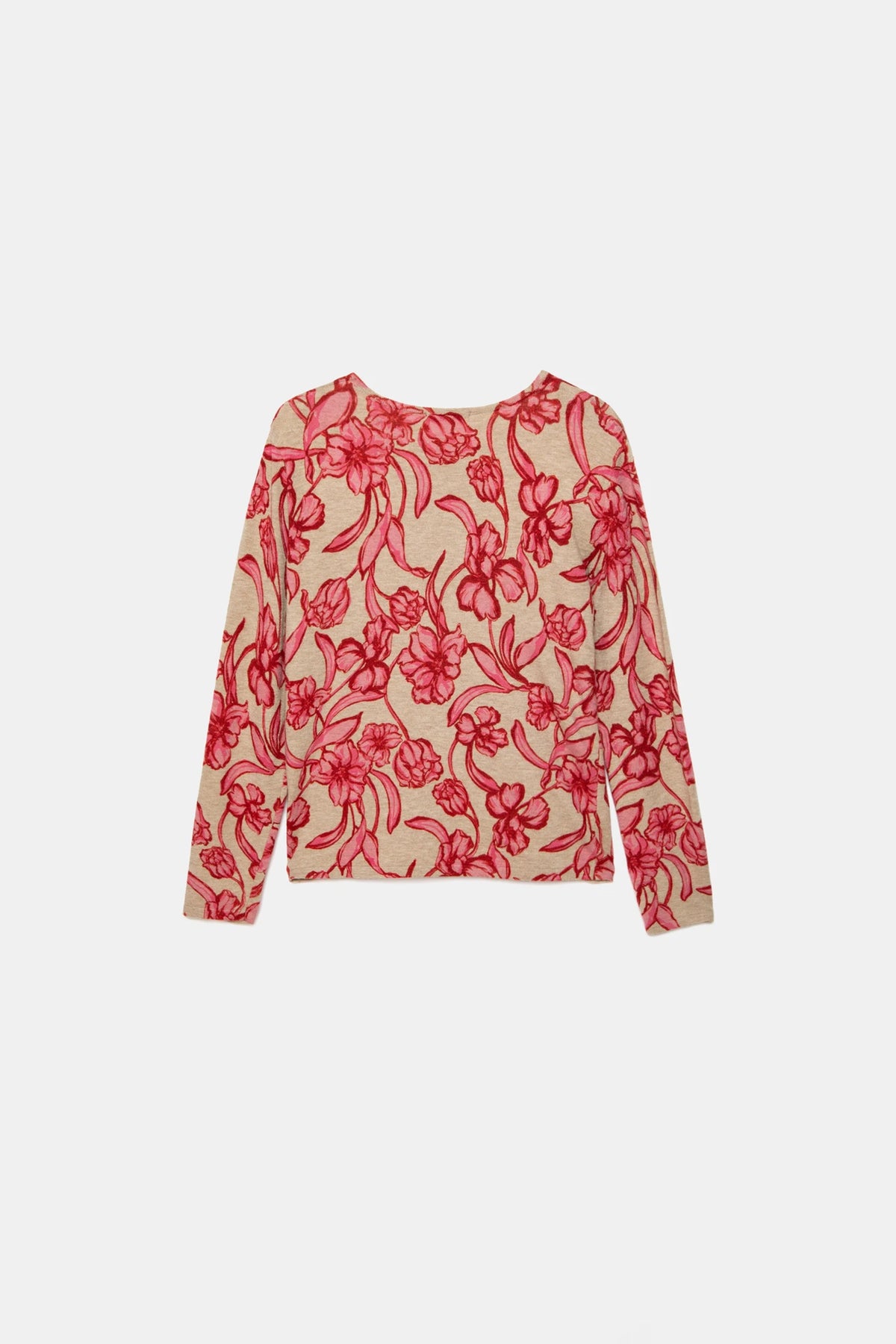 Floral Print Knit Sweater in Beige and Pink