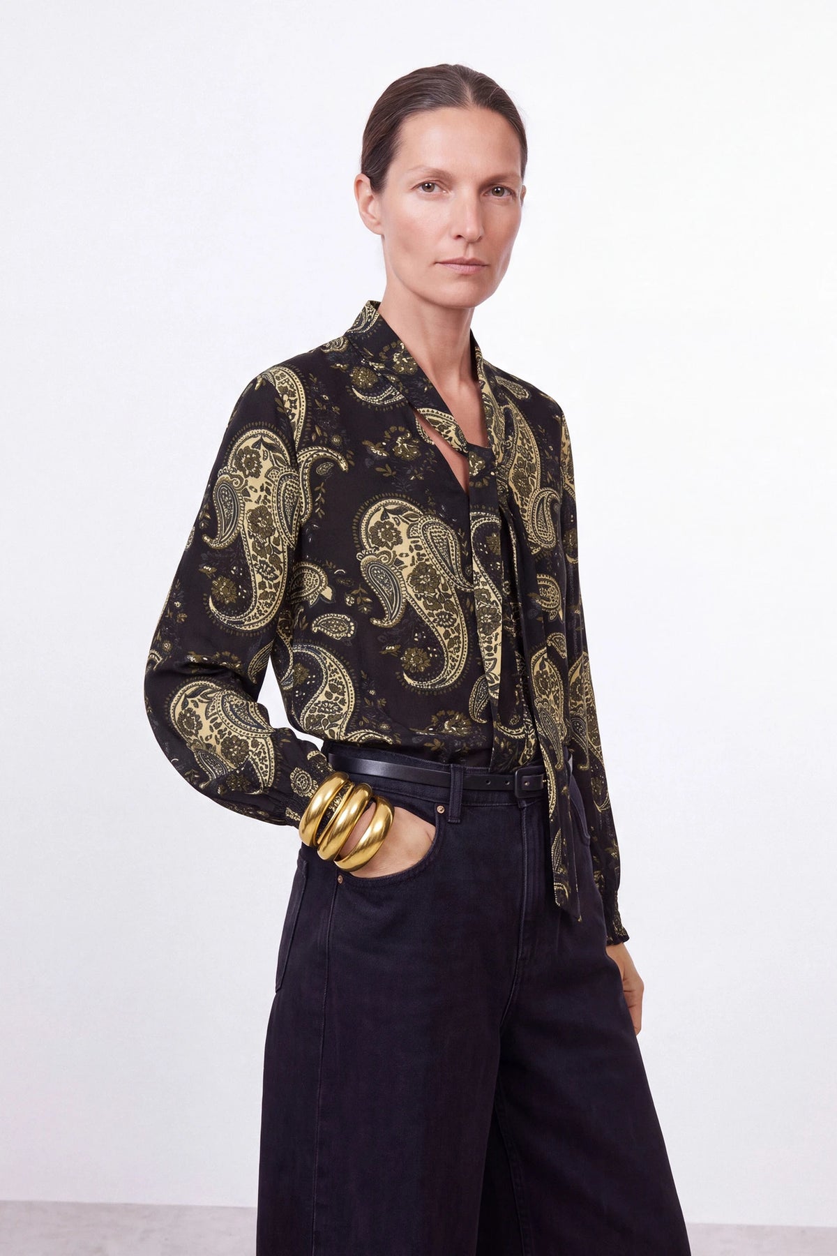 Paisley Print Tie-Neck Blouse in Black