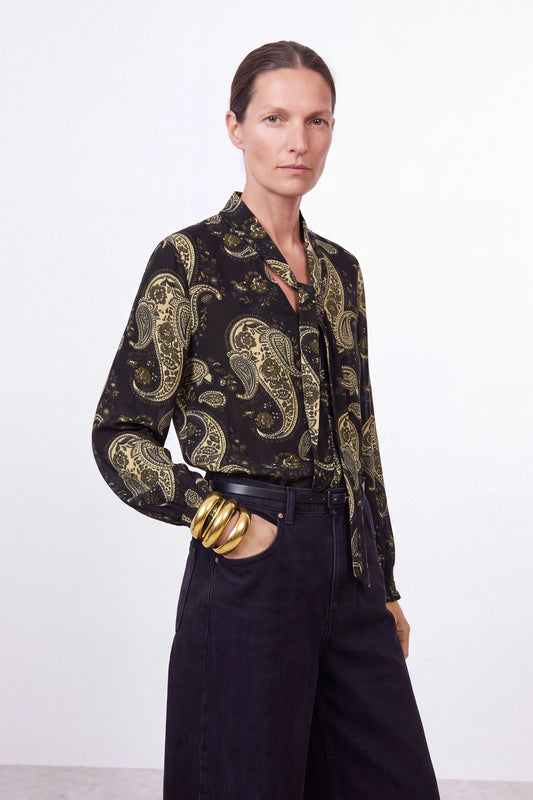 Paisley Print Tie-Neck Blouse in Black