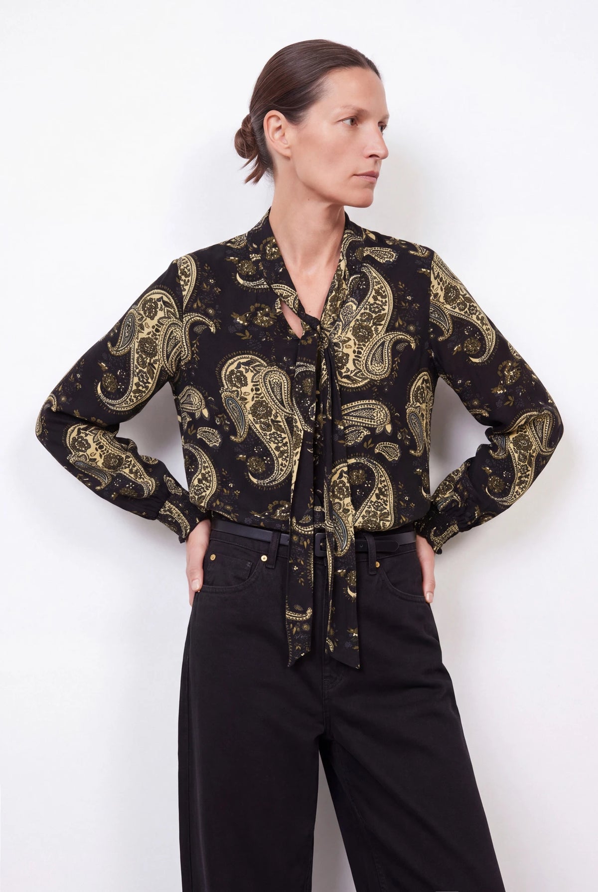 Paisley Print Tie-Neck Blouse in Black