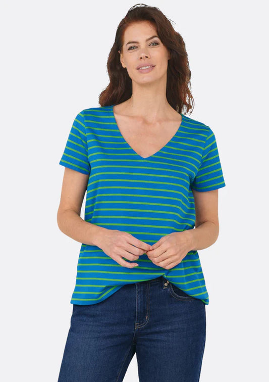 Tony V-Neck Striped Tee in Blue-Green