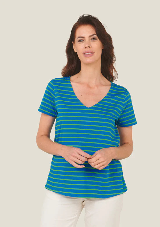 Tony V-Neck Striped Tee in Blue-Green
