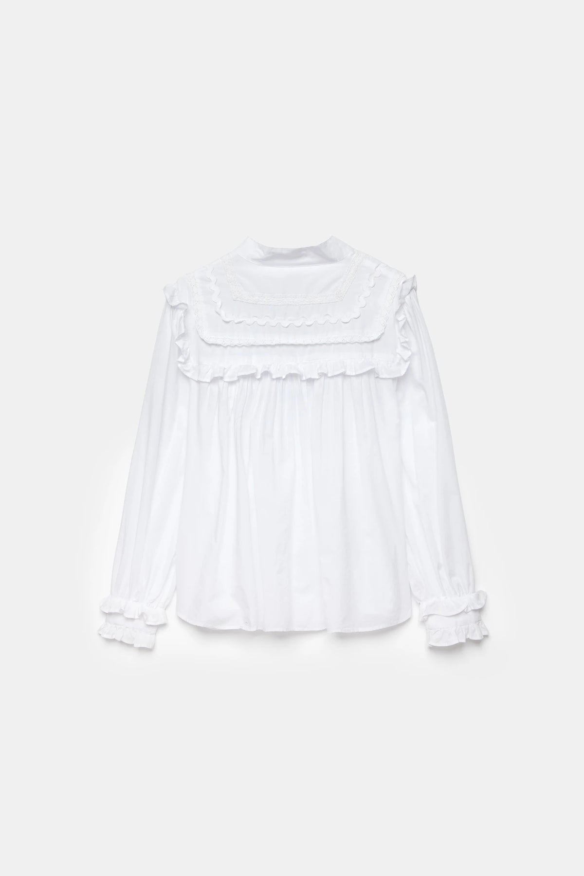 Lace & Ruffle Cotton Blouse in White