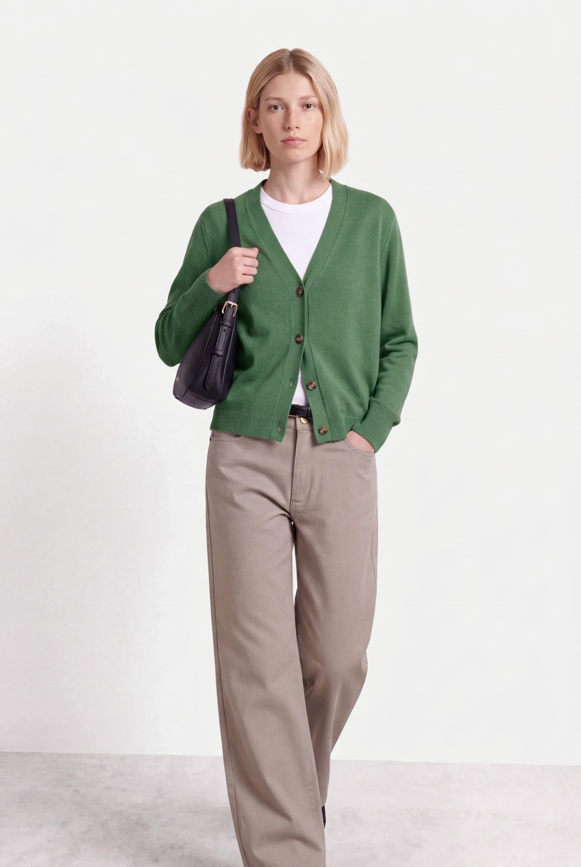 Front model photo with green cardigan